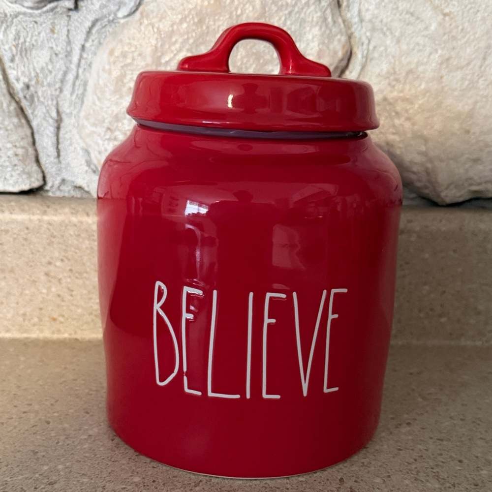Rae Dunn Red Ceramic Canister with 'Believe' Text
